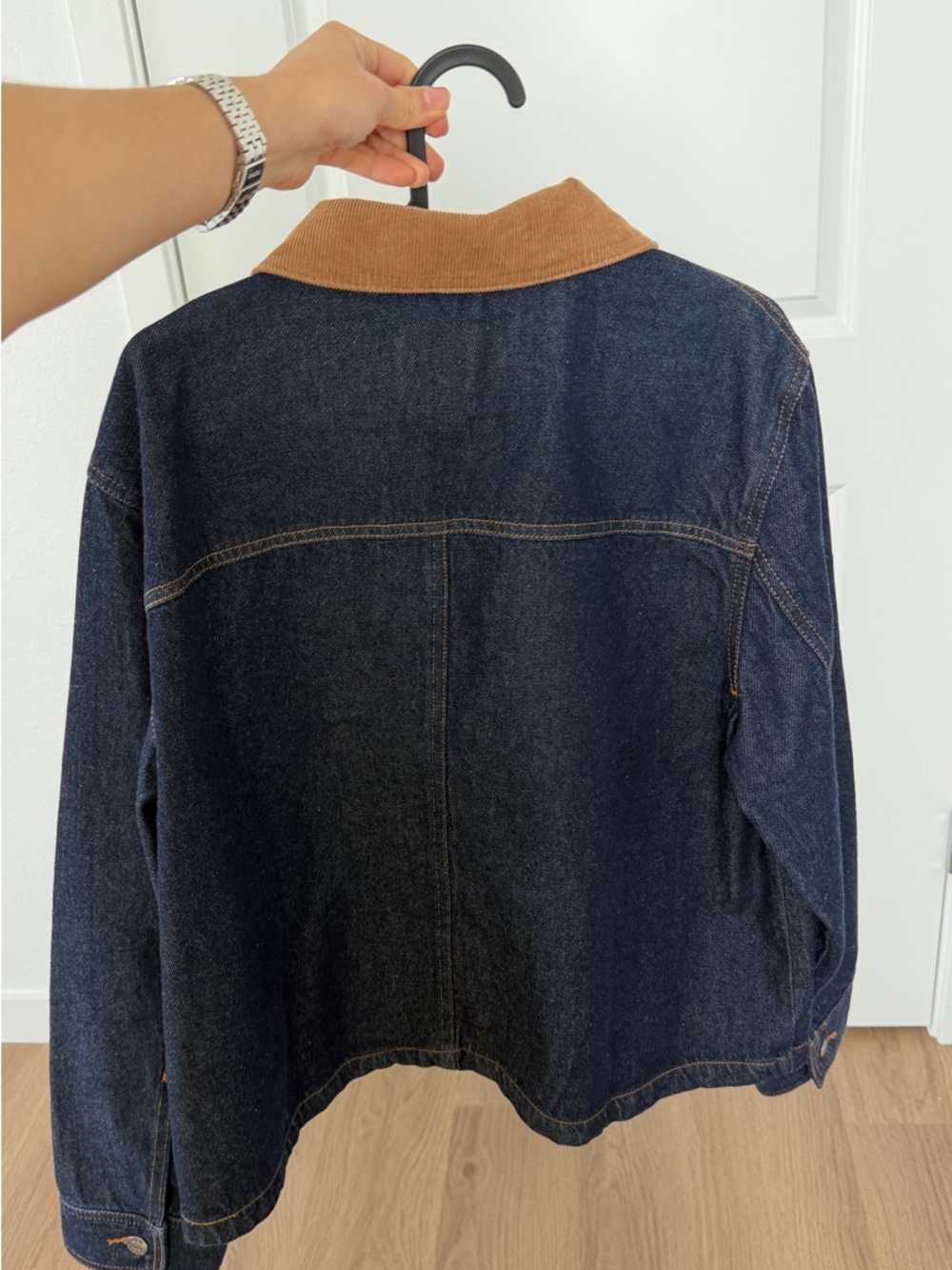 Dark Denim Jacket with Brown Corduroy Collar - Picture 4 of 5